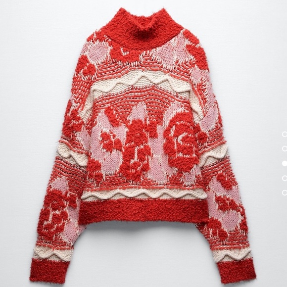NWT ZARA Red Pink Woven Jacquard Knit Art Inspired Sweater Warm Cozy Cream - Picture 6 of 7